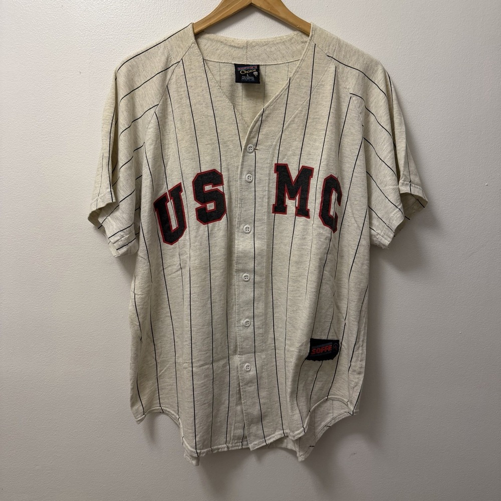 VTG Soffee USMC United States Marine Corps Pinstripe Baseball Jersey Sz L  80s